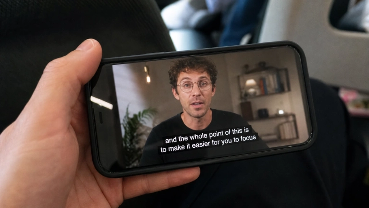 Hand holding a phone playing a video with subtitles on screen
