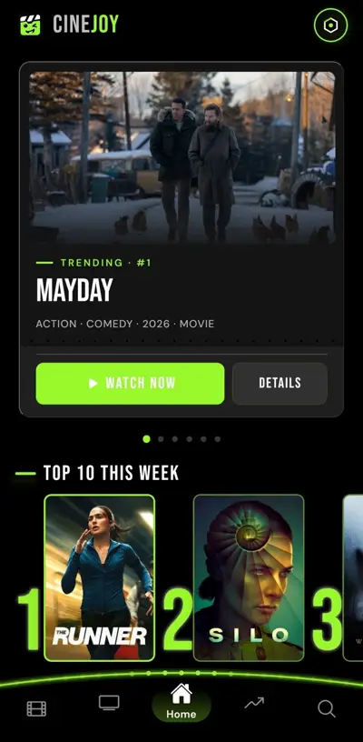 CineJoy home screen with a dark theme and neon green accents, short drama covers on the shelves CineJoy home screen with a dark theme and neon green accents, short drama covers on the shelves