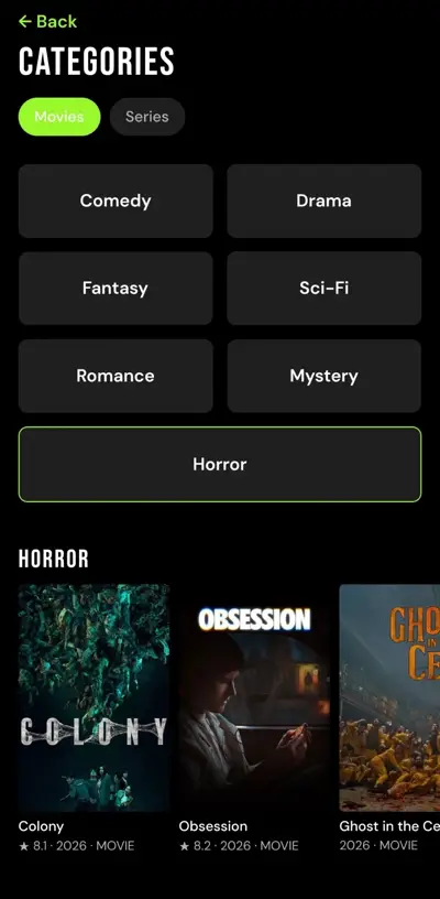 CineJoy app screen with dark theme, neon green accents and short drama artwork CineJoy app screen with dark theme, neon green accents and short drama artwork